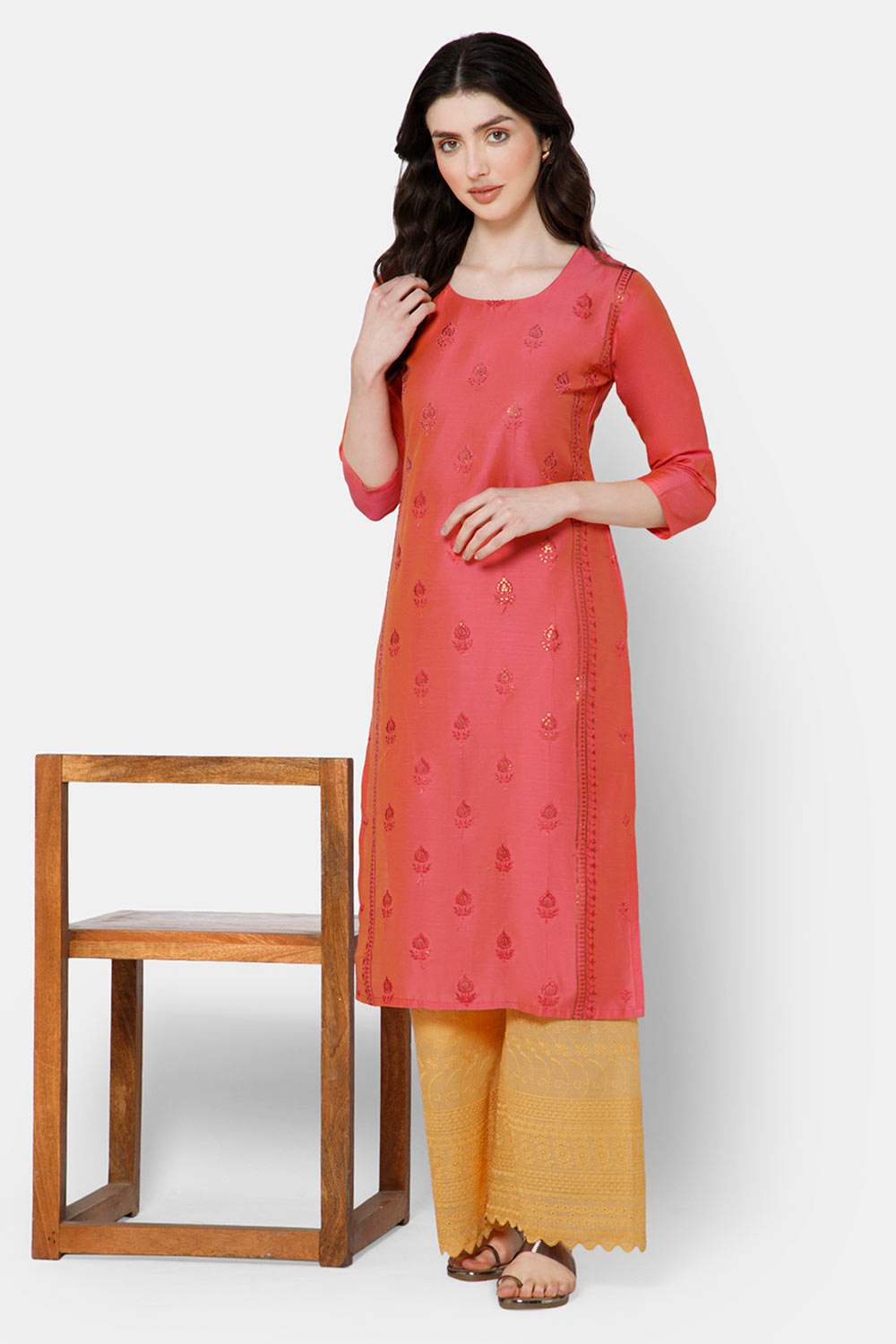 Mythri Women's Ethnic wear with Sequins Embroidery - Peach - E039