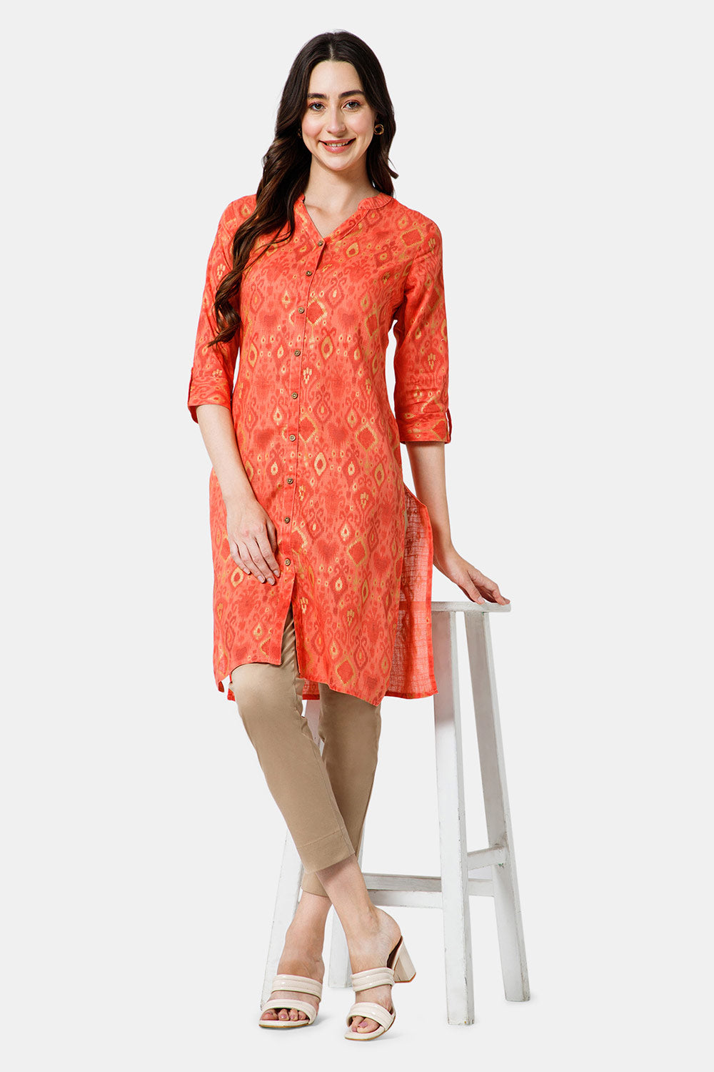 Mythri Women's Ethnic Wear Mandarin collar 3/4 sleeve with front Full placket styling - Red - KU37