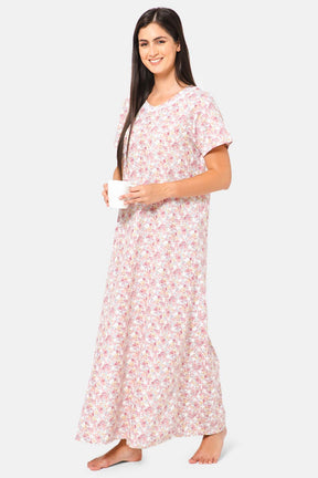Naidu Hall V-Neck Short Sleeve Nighty with Front Patch Pocket - NT19 - Pink