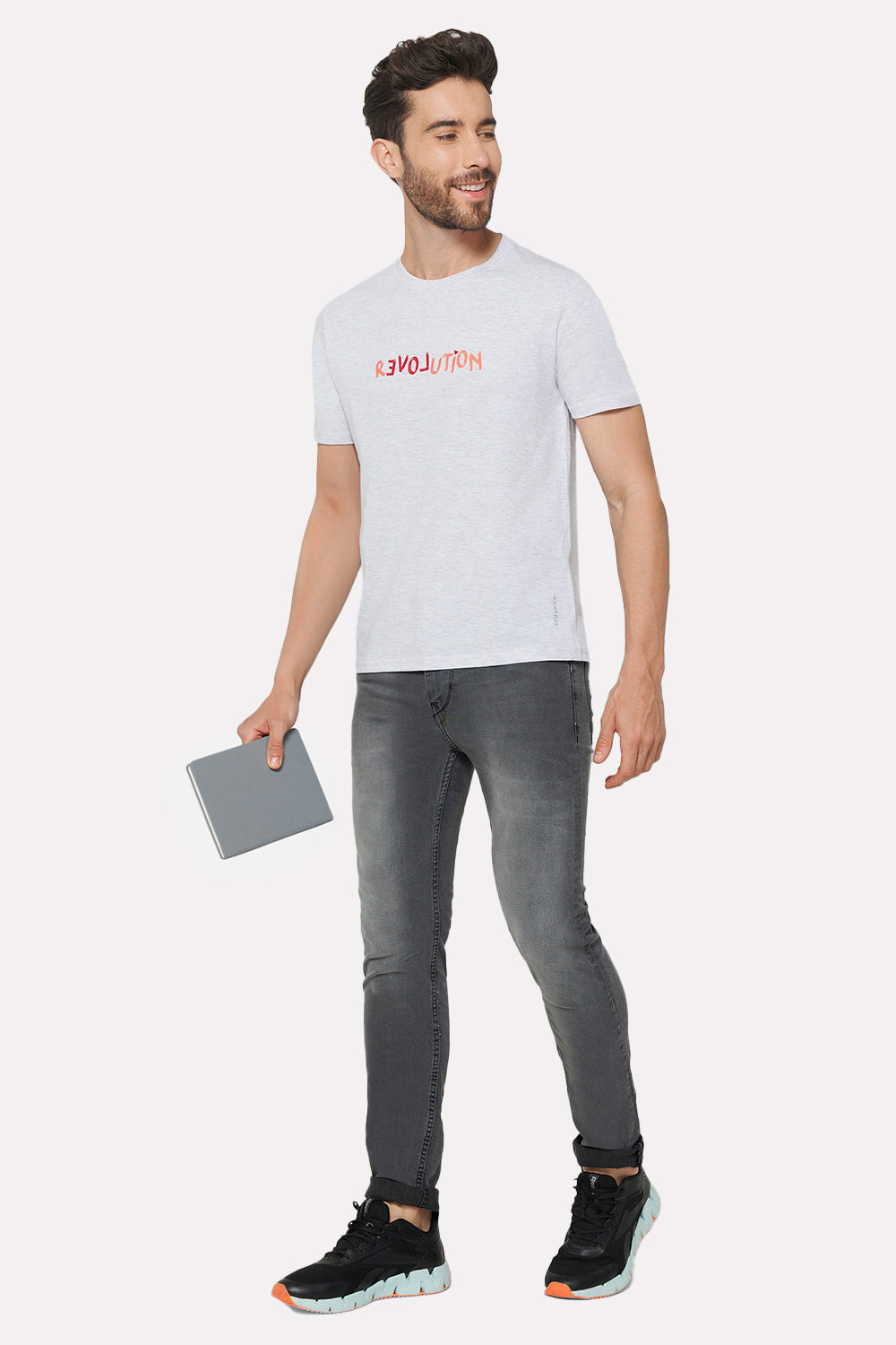 Enhance Men's Printed Crew Neck Casual T-Shirt - Grey - TS32