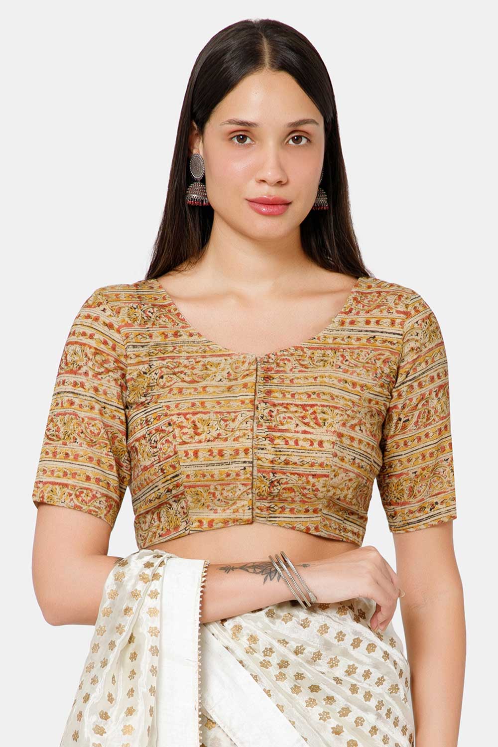 Naidu Hall Women’s Blouse Cotton Kalamkari Padded Front Open U Neck Princess Cut Elbow Sleeve Saree Blouse - Yellow - BU17