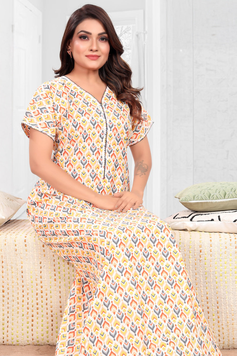 Women's Nighty | Soft Blended Fabric Comfortable Nightwear & Stylish Sleepwear - Orange - 3392