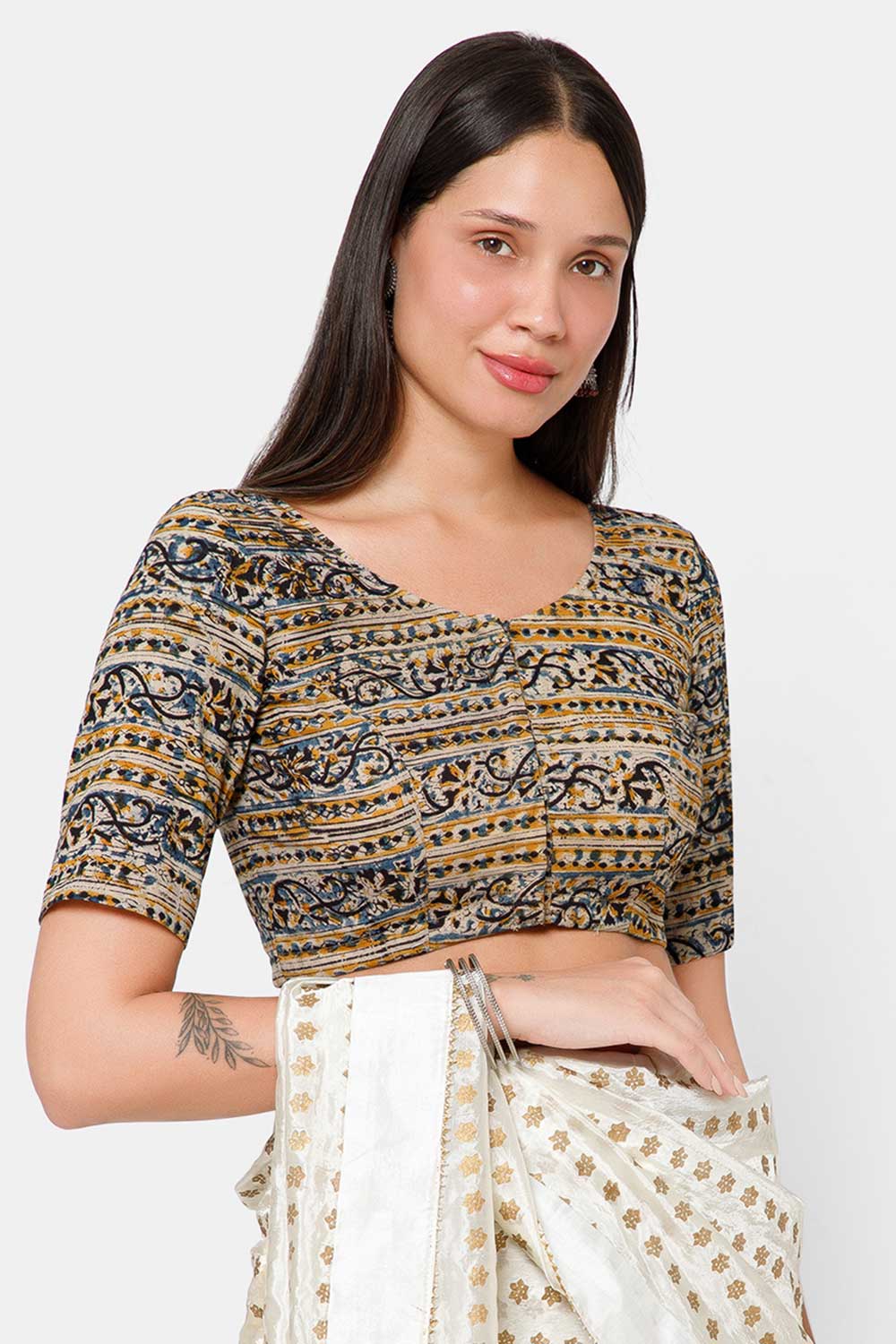 Naidu Hall Women’s Blouse Cotton Kalamkari Padded Front Open U Neck Princess Cut Elbow Sleeve Saree Blouse - Indigo - BU17