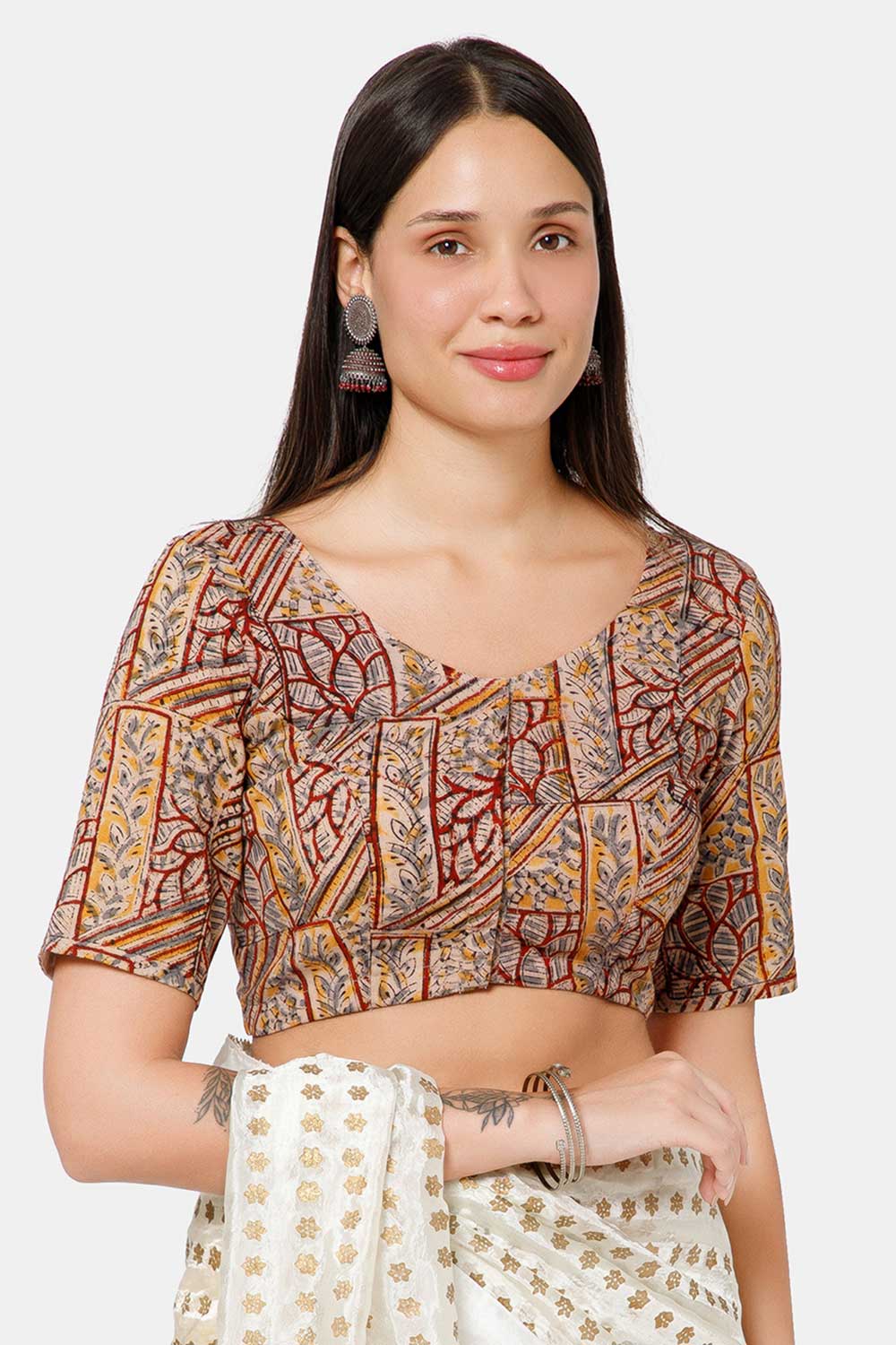 Naidu Hall Women’s Blouse Cotton Kalamkari Padded Front Open U Neck Princess Cut Elbow Sleeve Saree Blouse - Maroon - BU17