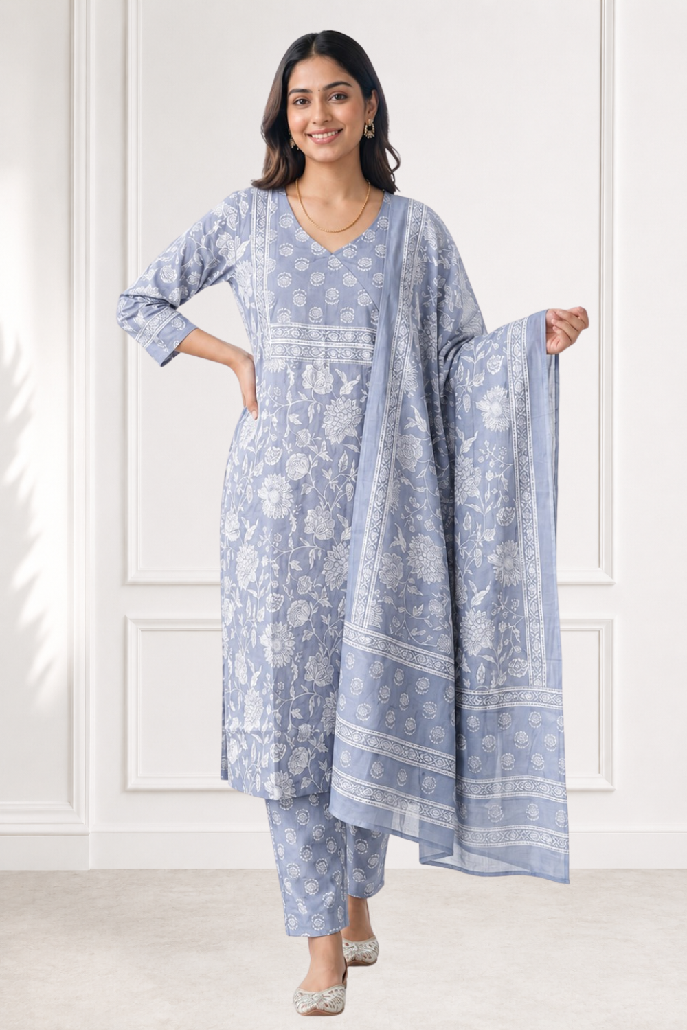 Women’s Cotton Blend Printed Chudidar | V-Neck Below Knee Kurta with 3/4 Sleeves | Regular Fit Daily Office Casual Ethnic Wear for Women - 3516