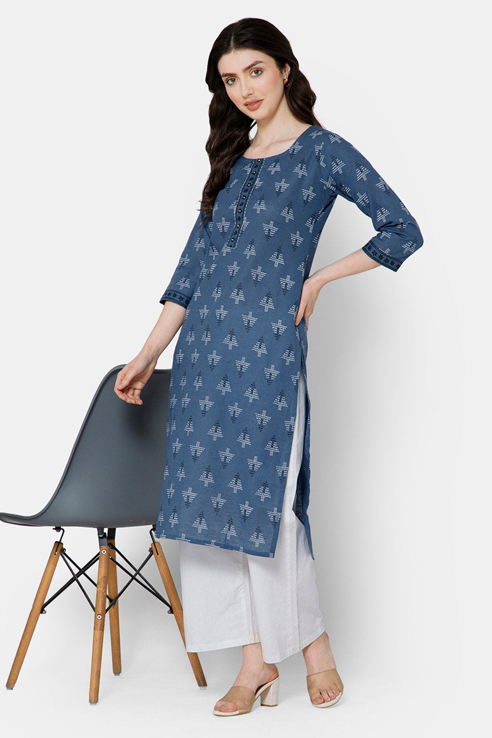 Mythri Women's Casual Kurthi with Patchwork And Minimalistic Embroidery - Blue - E028