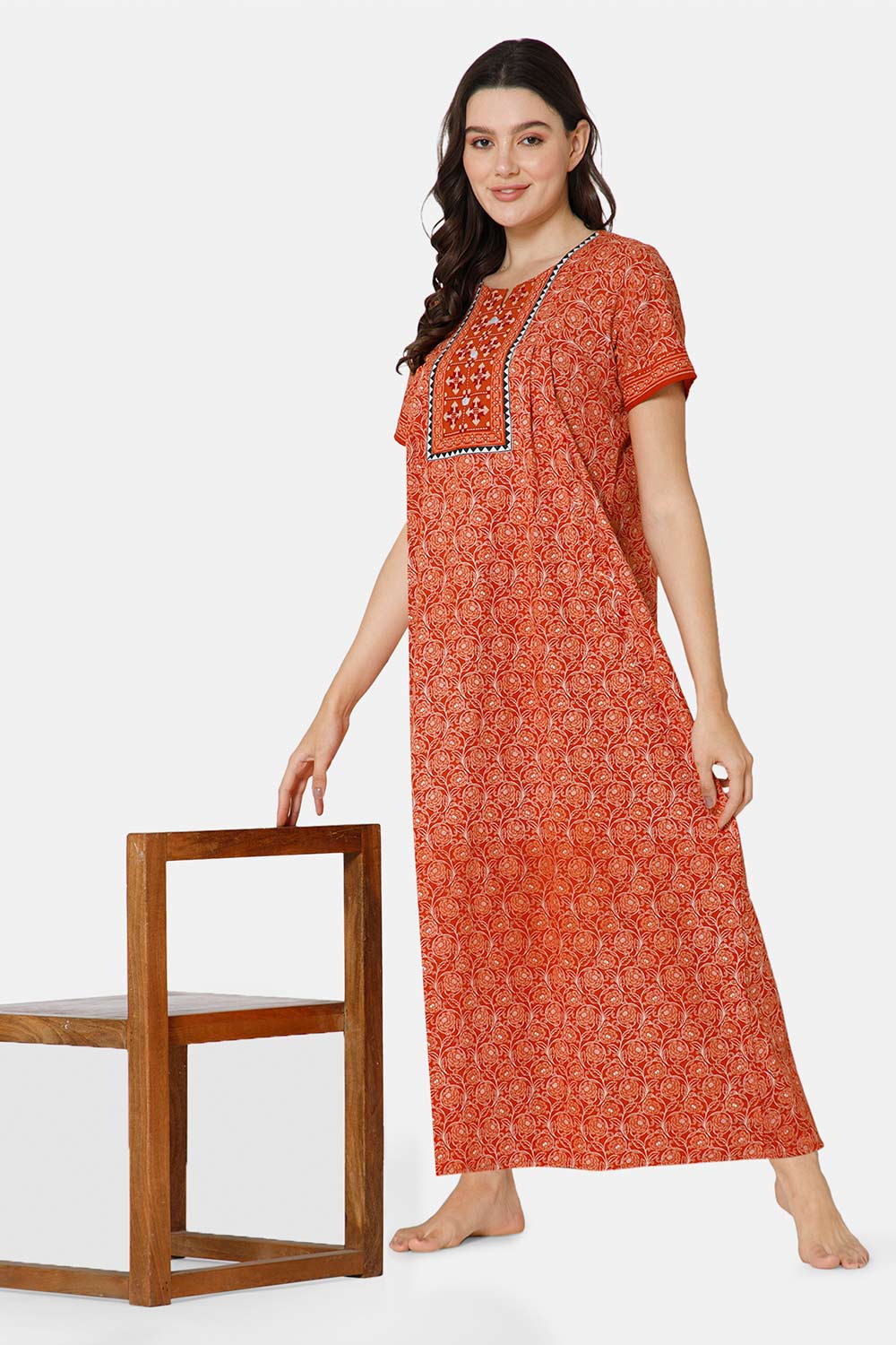 Naidu Hall A-line Women's Nighty Full Length Half Sleeve  - Orange - R136