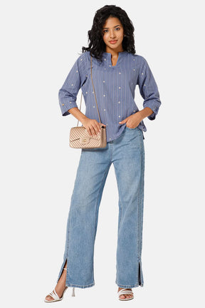 Mythri Manderian Collar 3/4th Sleeve Tab Top  - Blue -  TO04