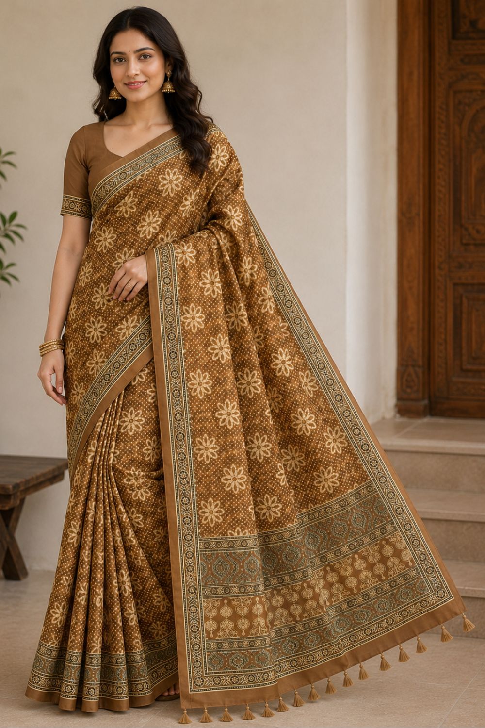 Women's Art Silk Tussar Silk Printed Saree with Blouse | Designer Ethnic Saree for Women | Festive, Wedding & Traditional Wear - Mustard - 4338