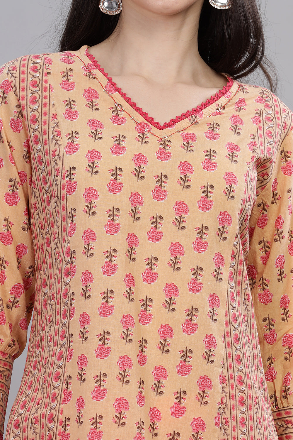 Mythri V Neck Mix & Match Kurta With 3/4th Sleeves  - Peach - KU33