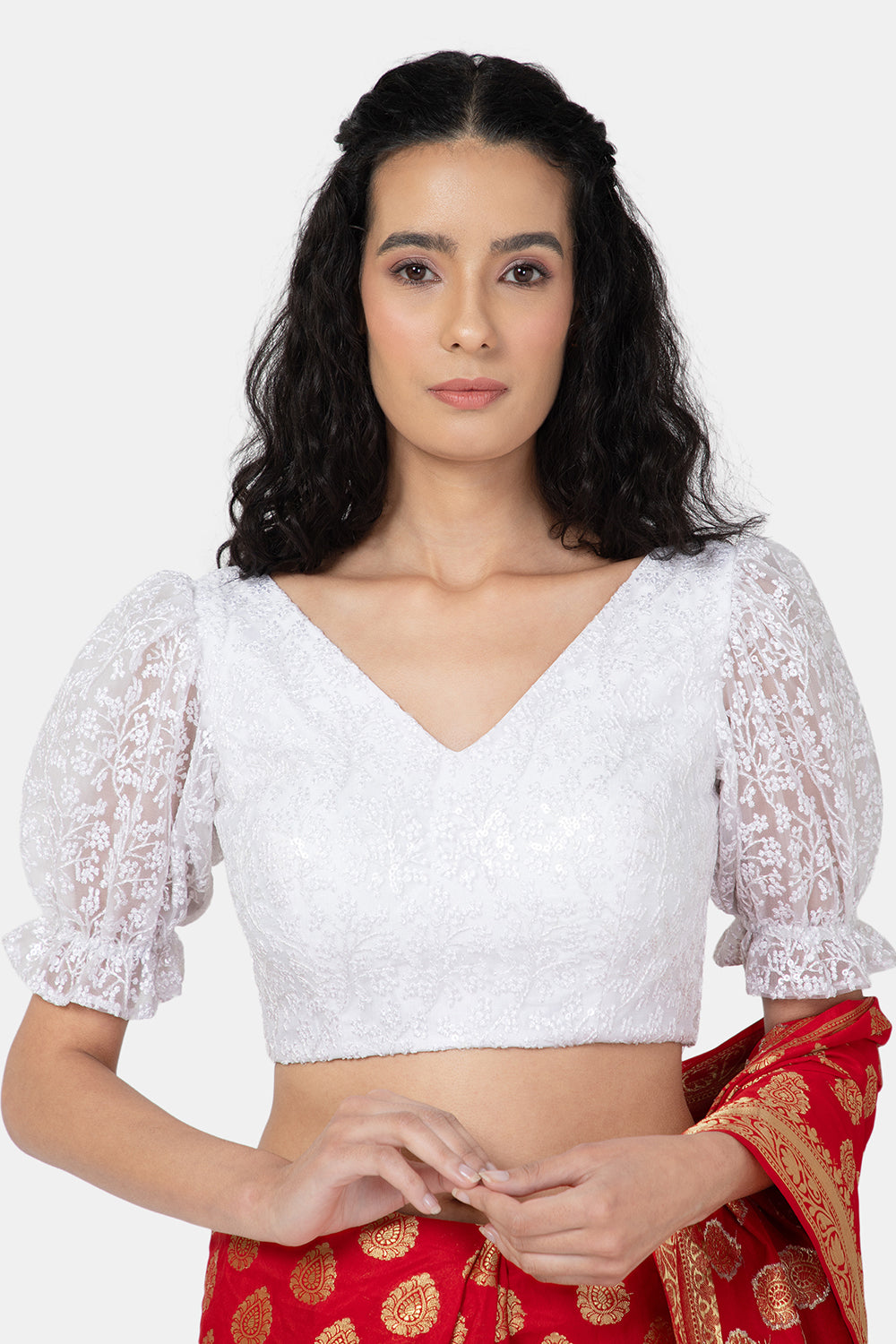 Naidu Hall Ethnic Synthetic Saree Blouse with V- Neck Short Sleeves - White