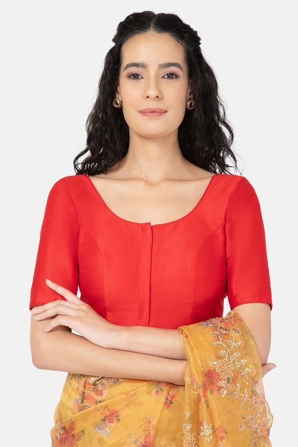 Naidu Hall Ethnic Raw Silk Saree Blouse with Round Neck Elbow Sleeves - Red