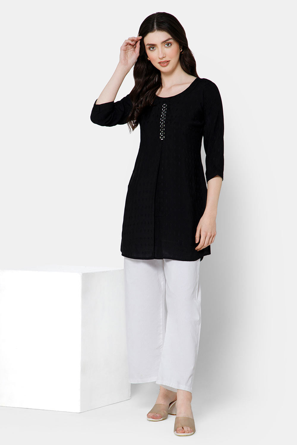 Mythri Women's Casual Tops with Mirror Work At The Center Front  - Black - E023