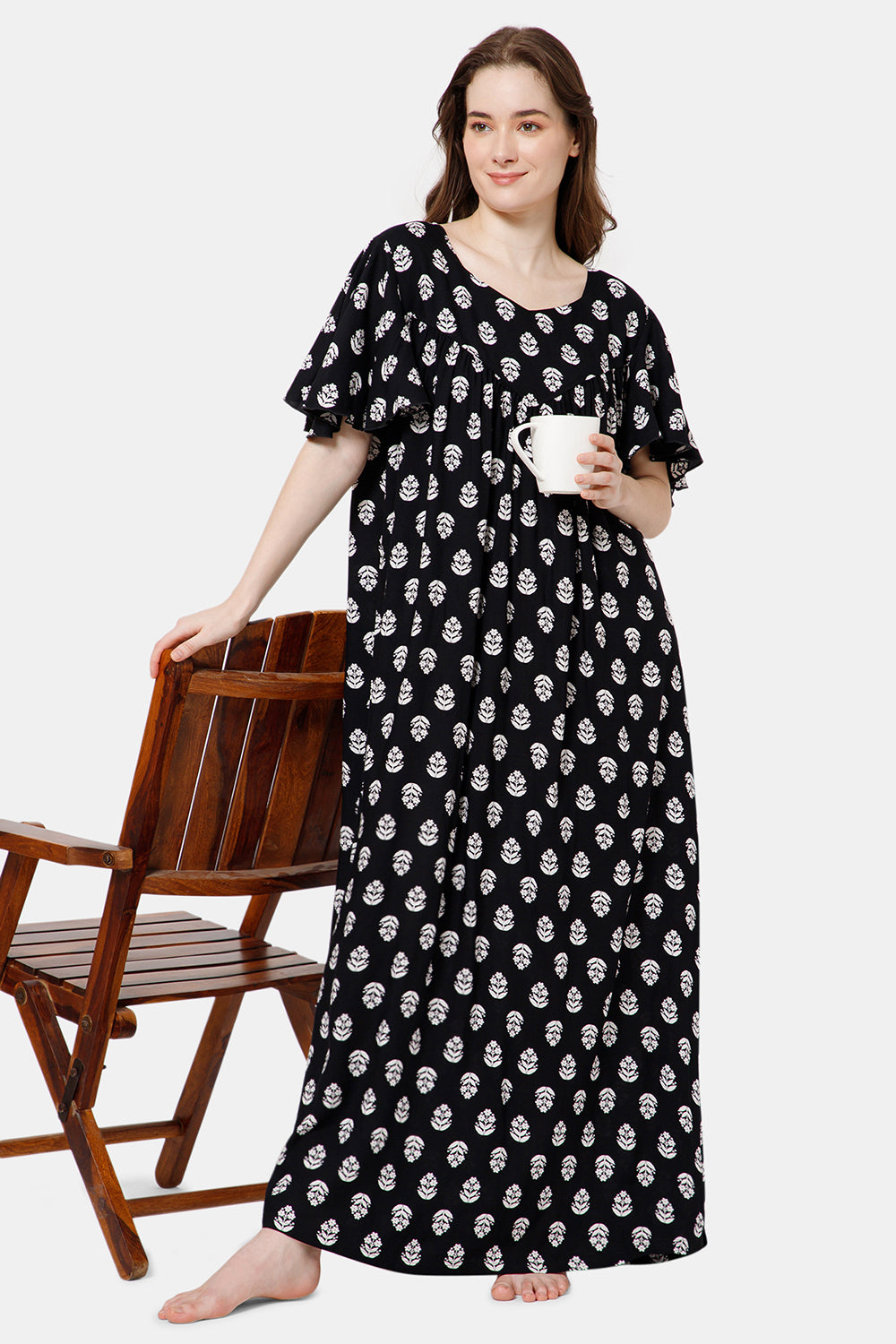 Naidu Hall All Over Printed Nighty with Butterfly Sleeves Diamond Neck - Black print-1 - NT37