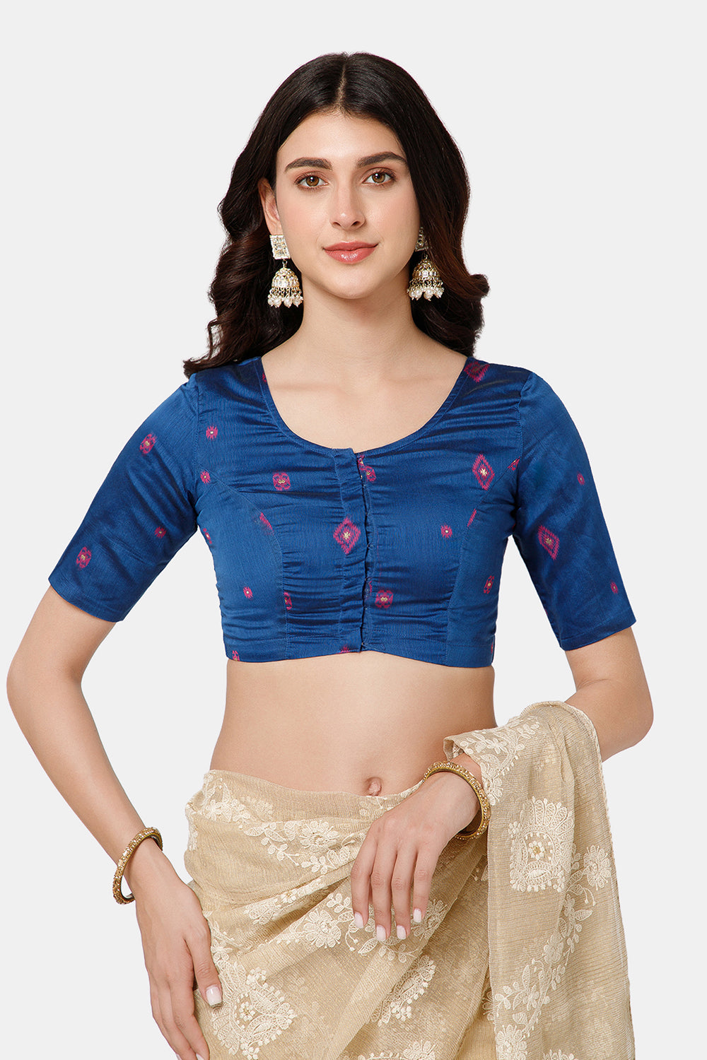 Naidu Hall Women’s Princess Cut Printed Readymade Saree Blouse U-Neck Front Open with Elbow Sleeves & Princess Cut | Elegant Everyday & Ethnic Wear - BU17