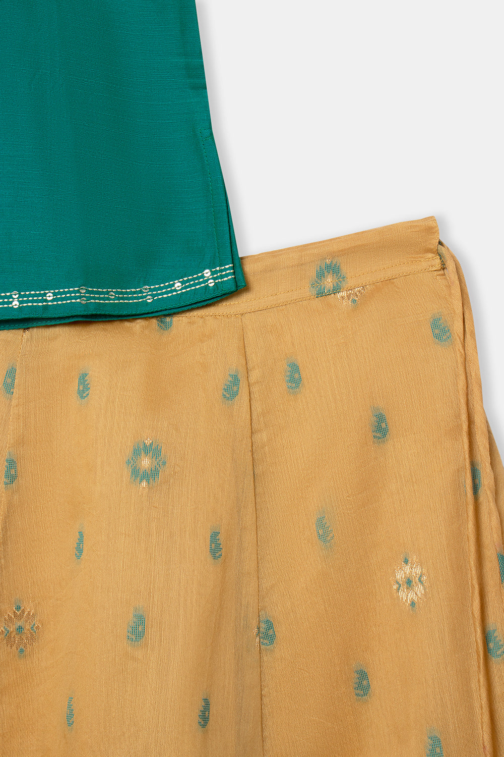 Chittythalli Girls Pavadai Set with Puff Sleeve Top & Embroidered Kali Skirt - Teal Green - PS76