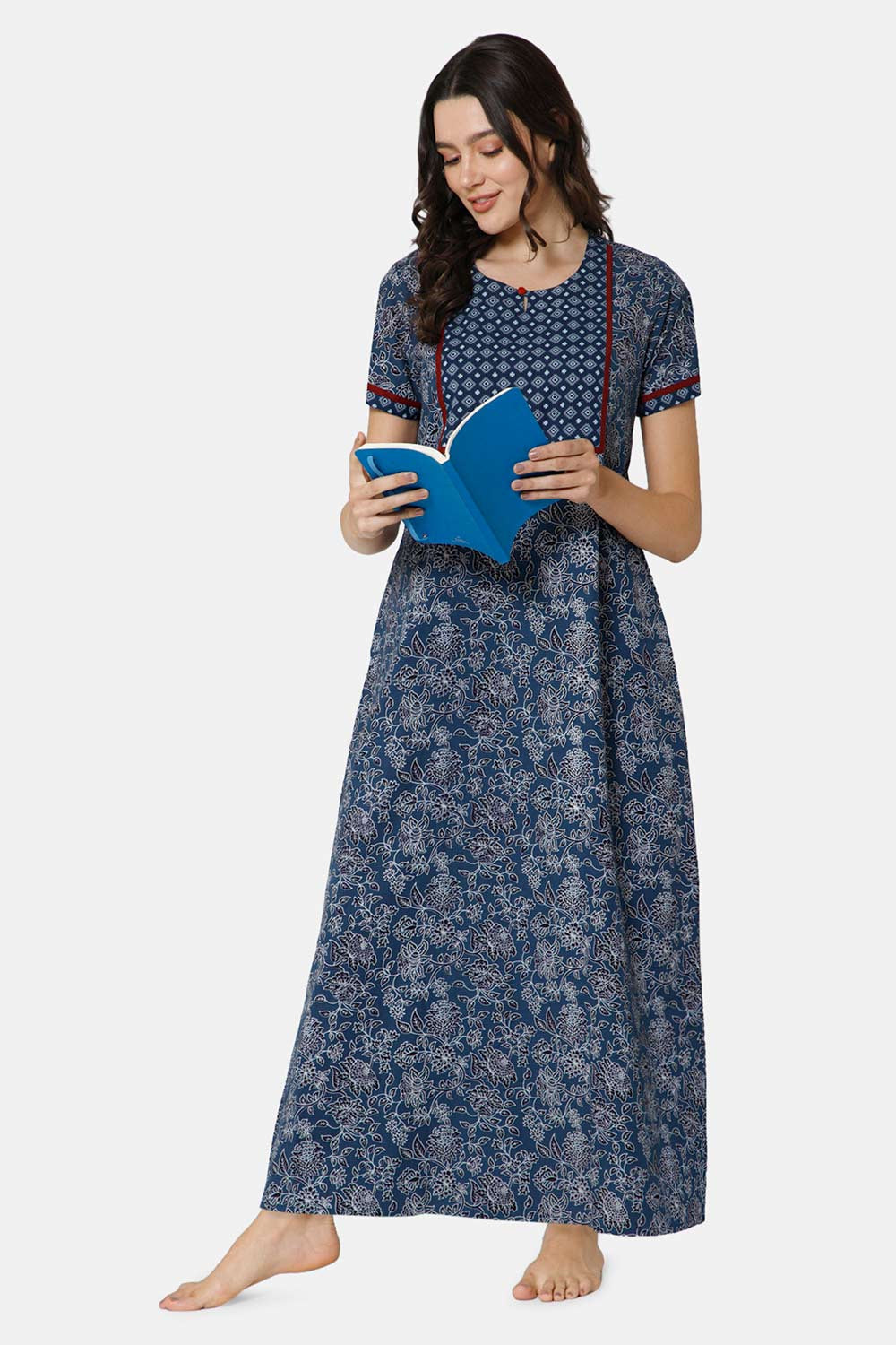 Naidu Hall A-line Women's Nighty Full Length Half Sleeve  - Blue - R142