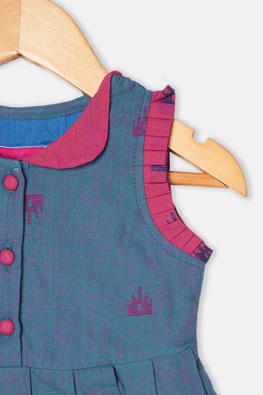Chittythalli Girls Ethnic Frock Cotton Sleeveless Dress with Peter Pan Collar, Knife Pleats and Gathered Skirt- Blue - FR40