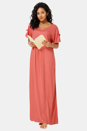 Naidu Hall  Round Neck Box Pleatted Short Sleeve Printed Nighty-Pink - NT44