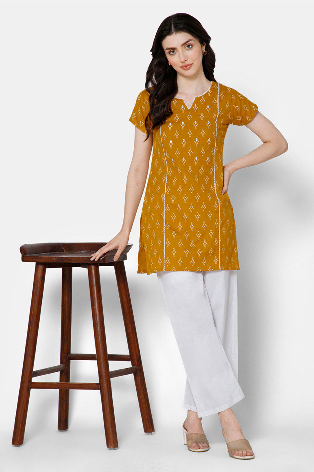Mythri Women's Casual Tops with Minimalistic Mirror Embroidery With Lace At  The Neckline And Princess Line - Mustard - E009