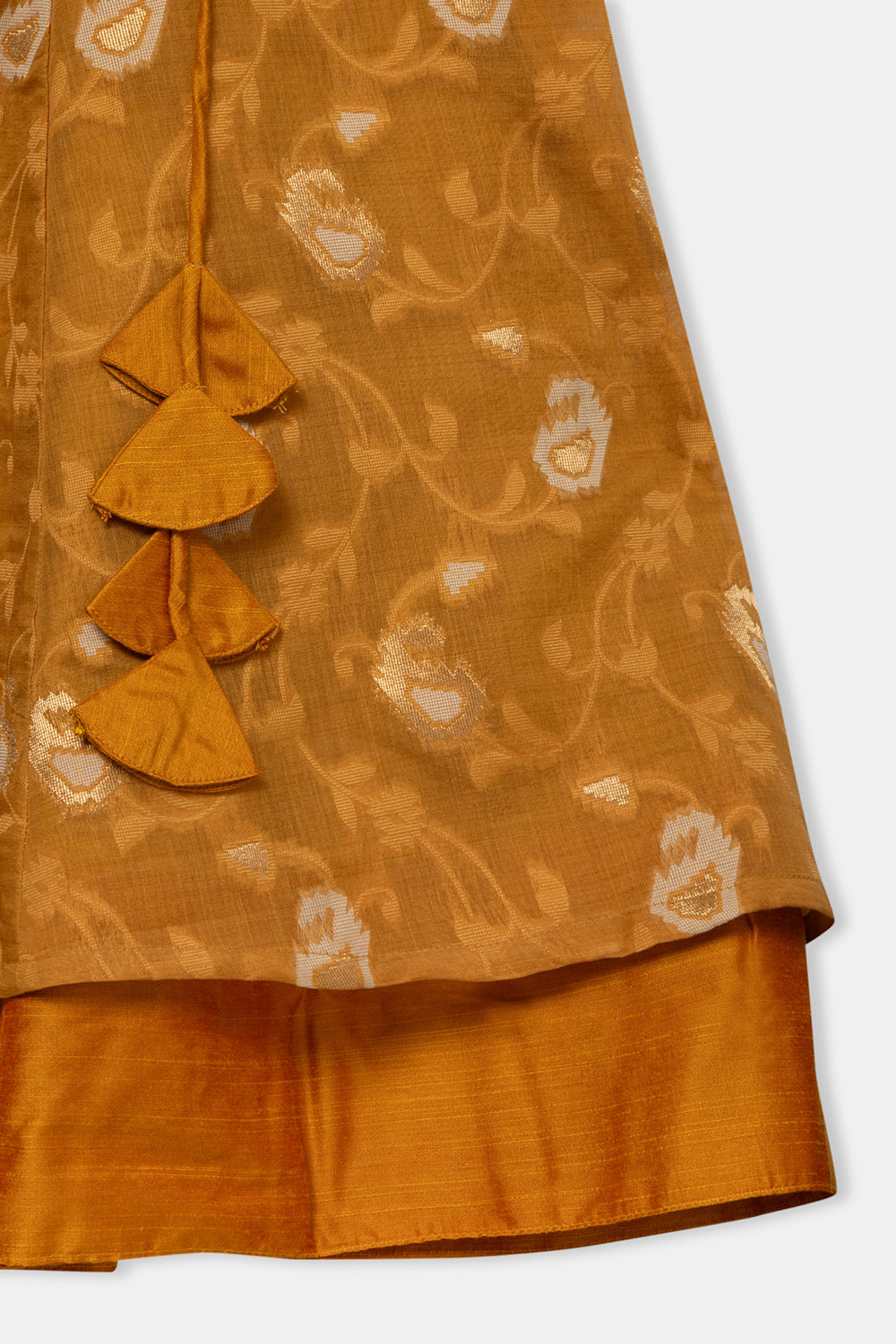 Chittythalli Girl's Ethnic Pavadai Set Round Neck Top with Shoulder Tie-Ups Sequin Embroidery & Kali Skirt - Mustard - PS70