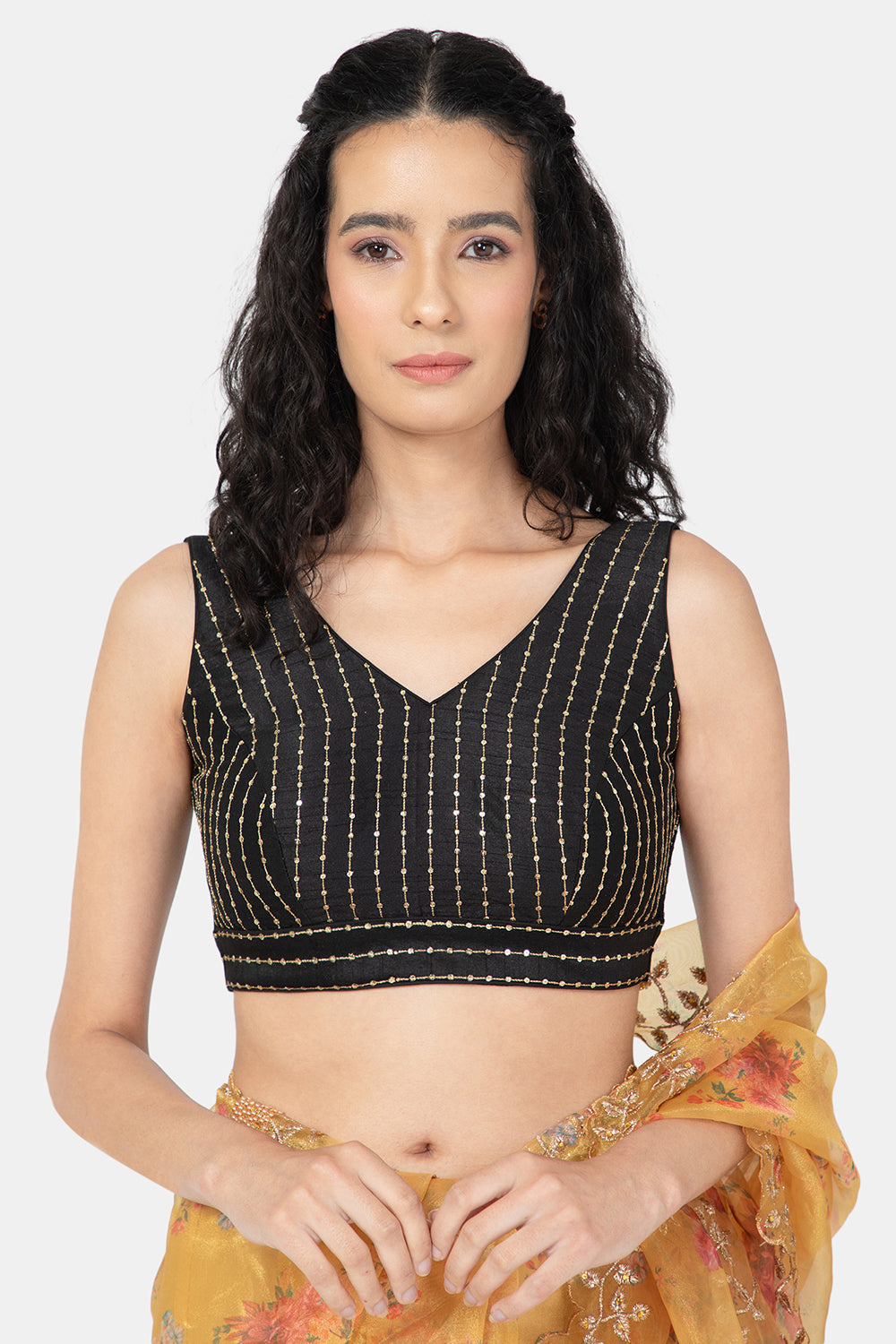 Designer Indian Traditional Black Satin Silk Saree Blouse Materials  (Unstitched) - Fonix Corporation - 3779312