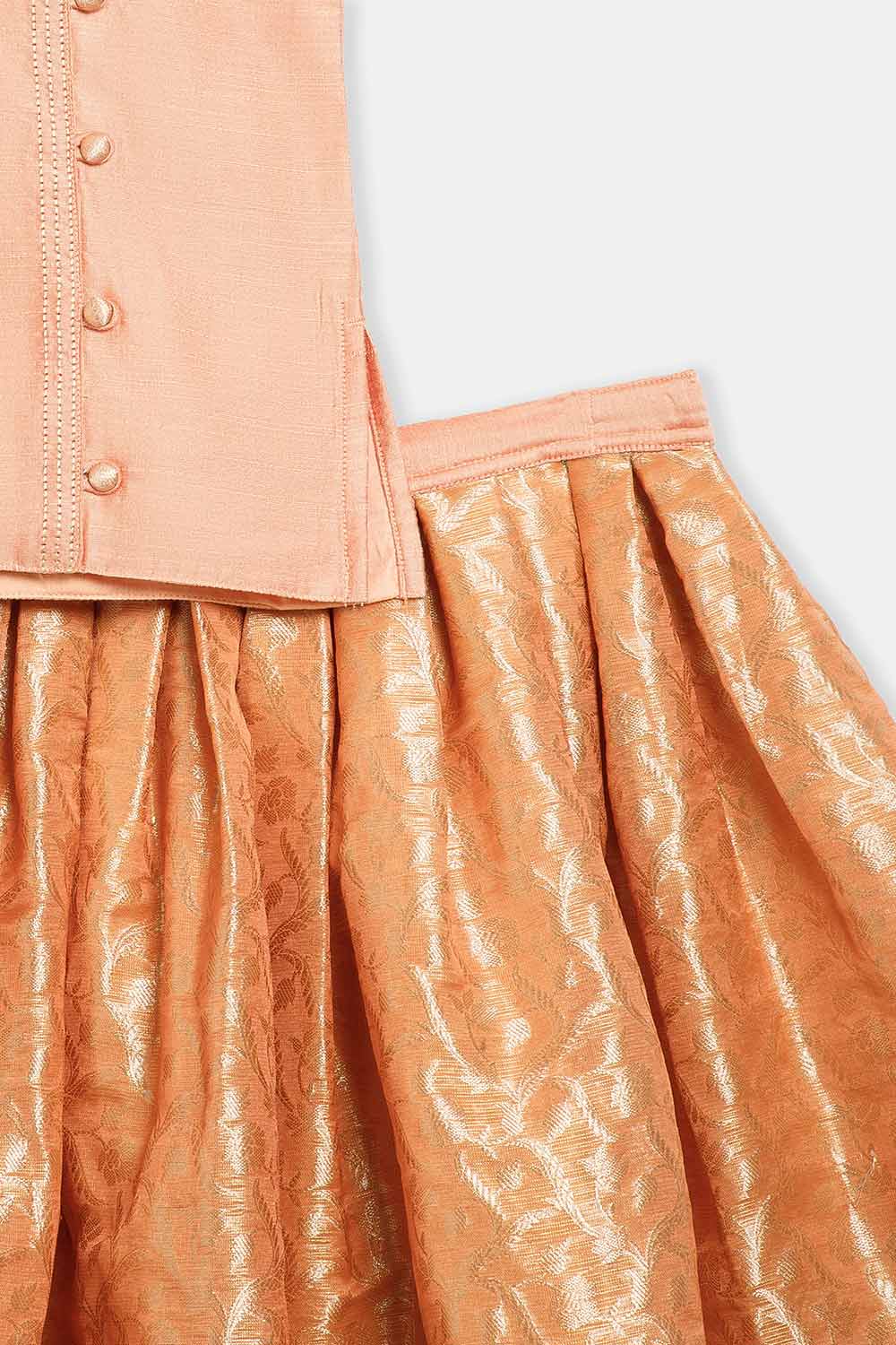 Chittythalli Girls’ Asymmetric Neck Pavadai Set – Brocade Skirt & Cotton Top - Peach - PS50