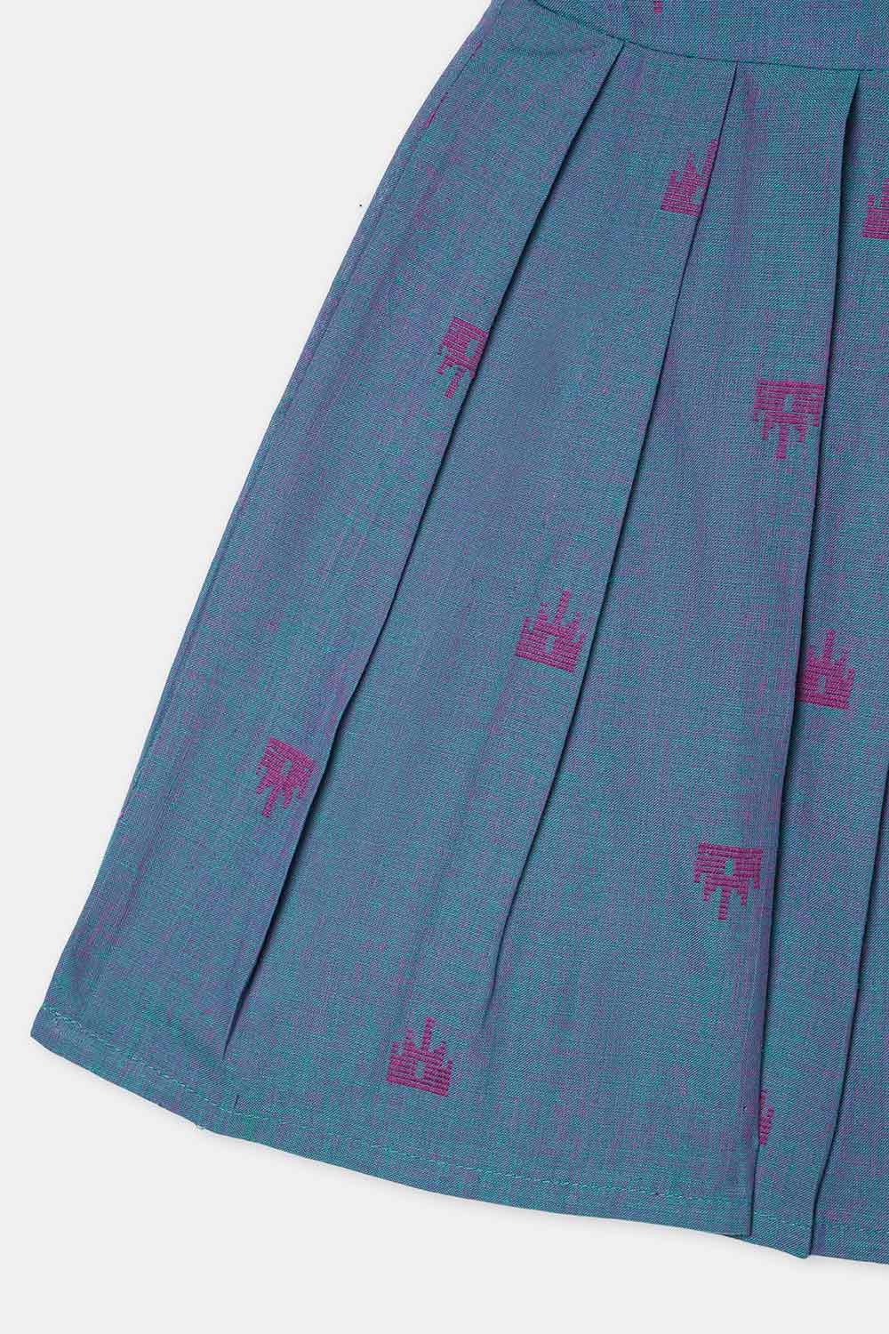 Chittythalli Girls Ethnic Frock Cotton Sleeveless Dress with Peter Pan Collar, Knife Pleats and Gathered Skirt- Blue - FR40
