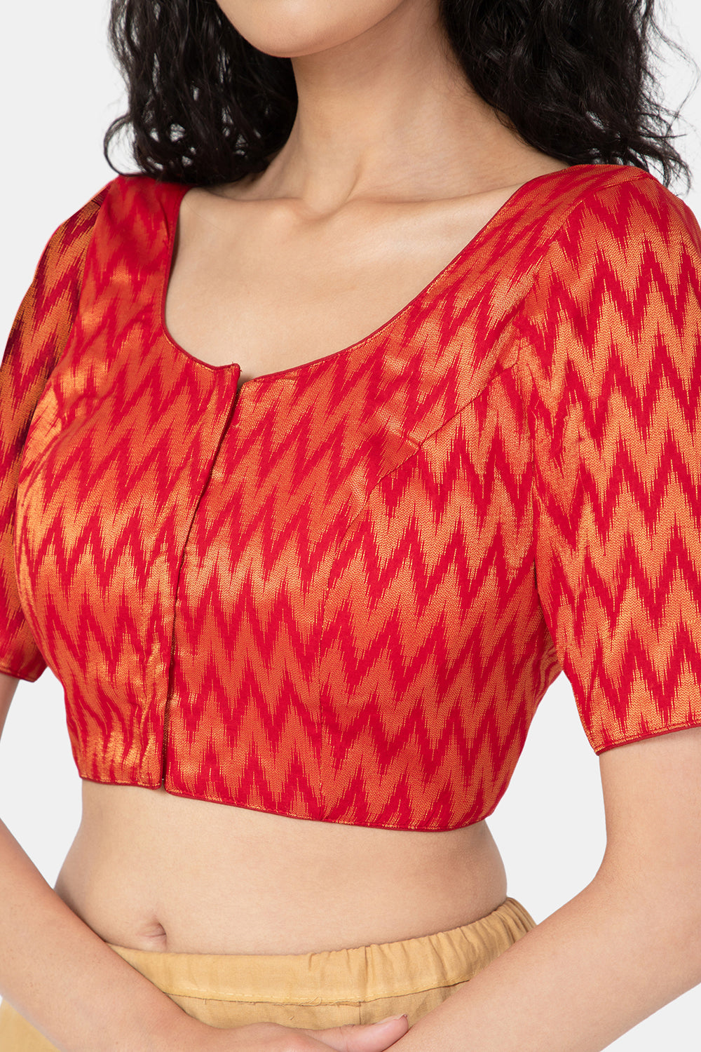 Naidu Hall Ethnic Jacquard Saree Blouse with Round Neck Elbow Sleeves - Red