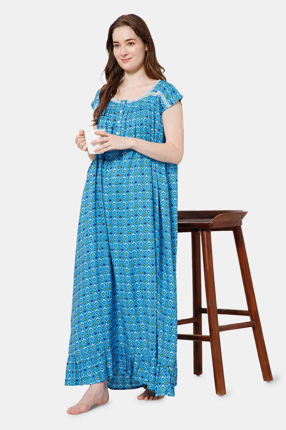 Naidu Hall Detailed Lace Front Open Nighty with Round Neck - Blue - NT39