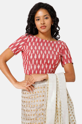 Naiduhall Princess Cut Boat Neck Short Sleeve Ikat Blouse - Light maroon - BU08