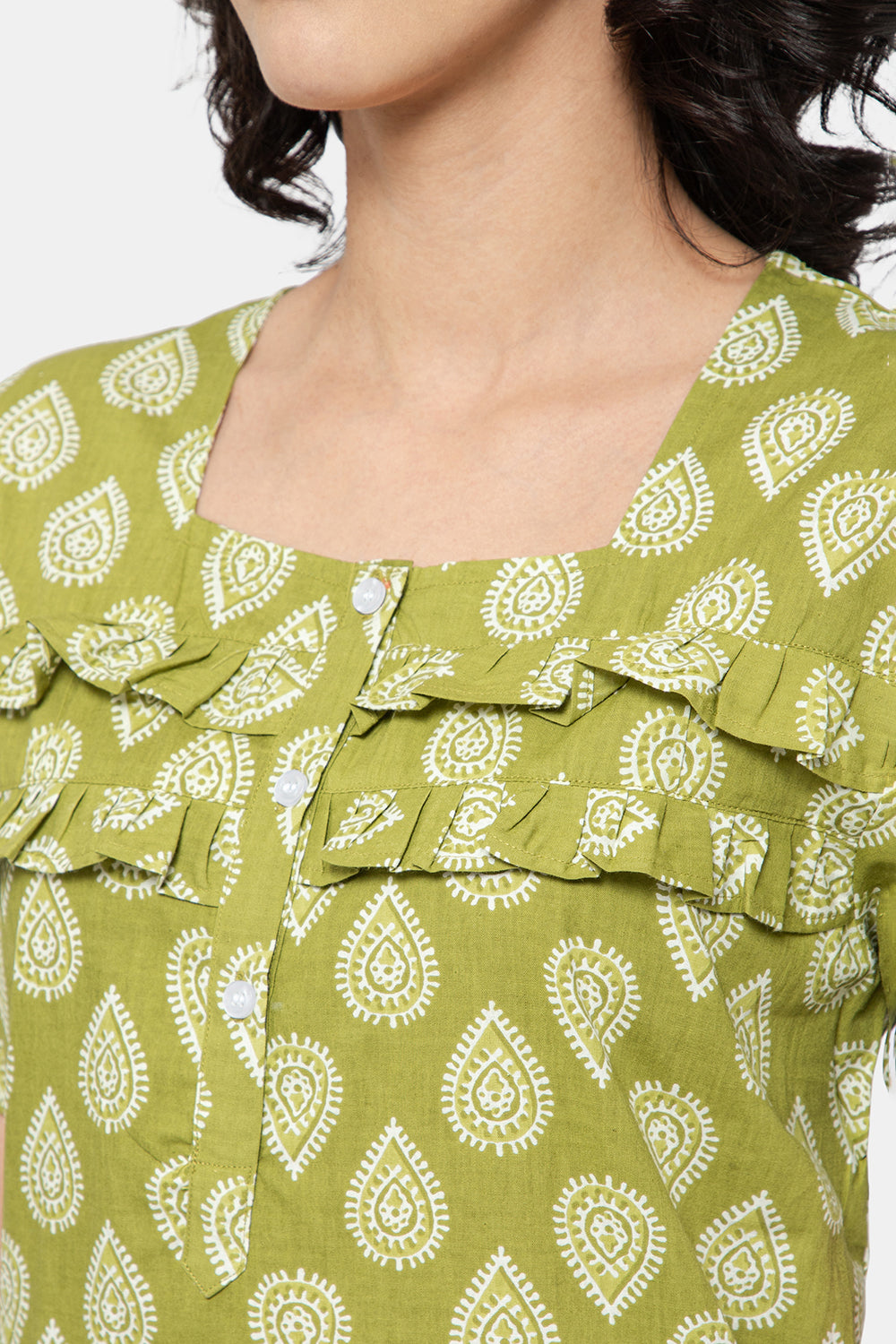 Naidu Hall  Women's Printed A-Line Nighty with Square Neck and Ruffle Detailing - Green - N101