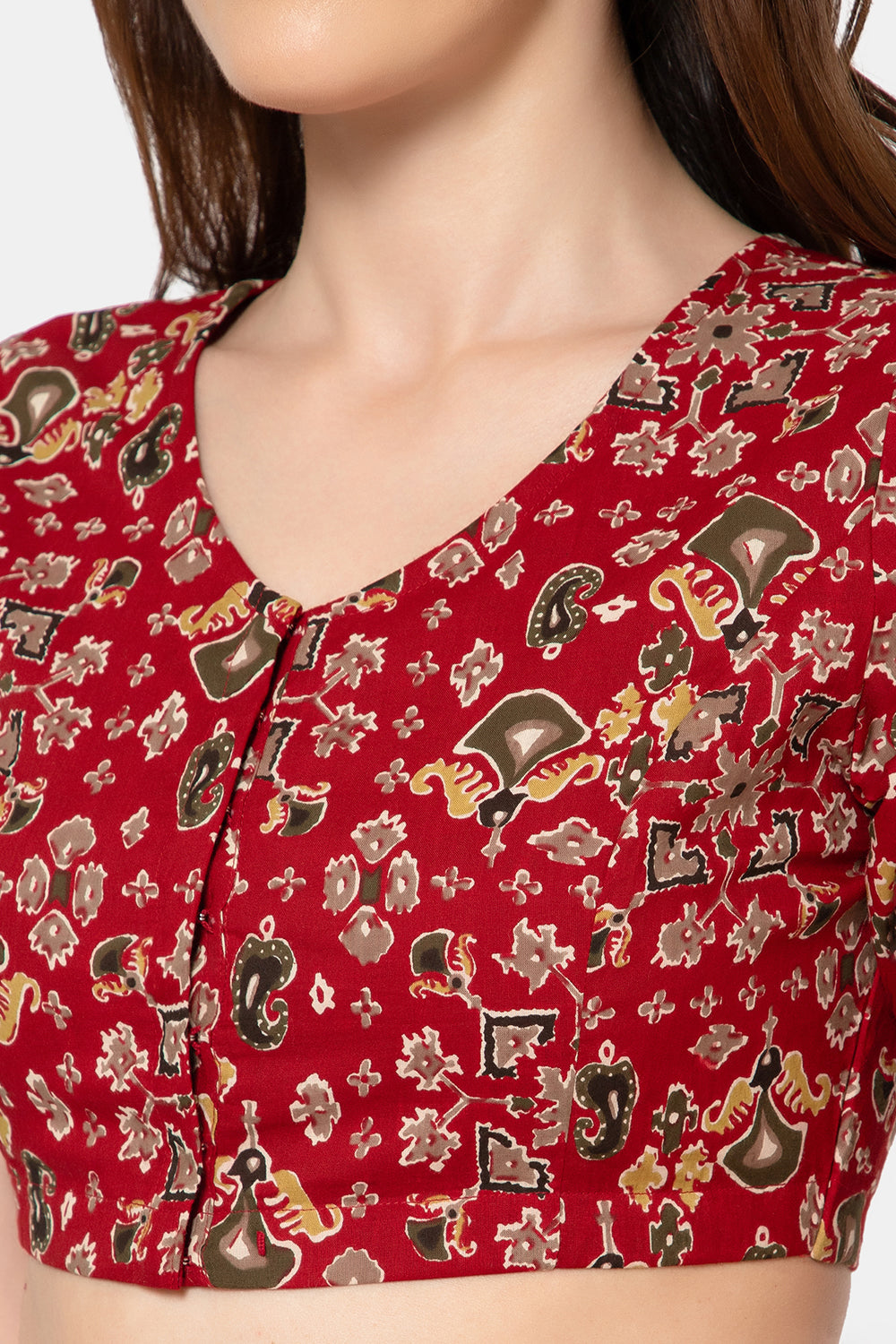 Naidu Hall Women’s Designer Cotton Ikat Blouse V-Neck Front Open with Elbow Sleeves - Red - BU16