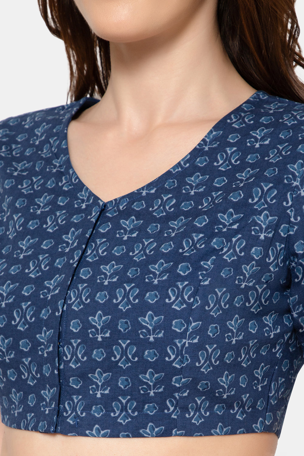 Naidu Hall Women’s Designer Cotton Ikat Blouse V-Neck Front Open with Elbow Sleeves - Dark Blue - BU16