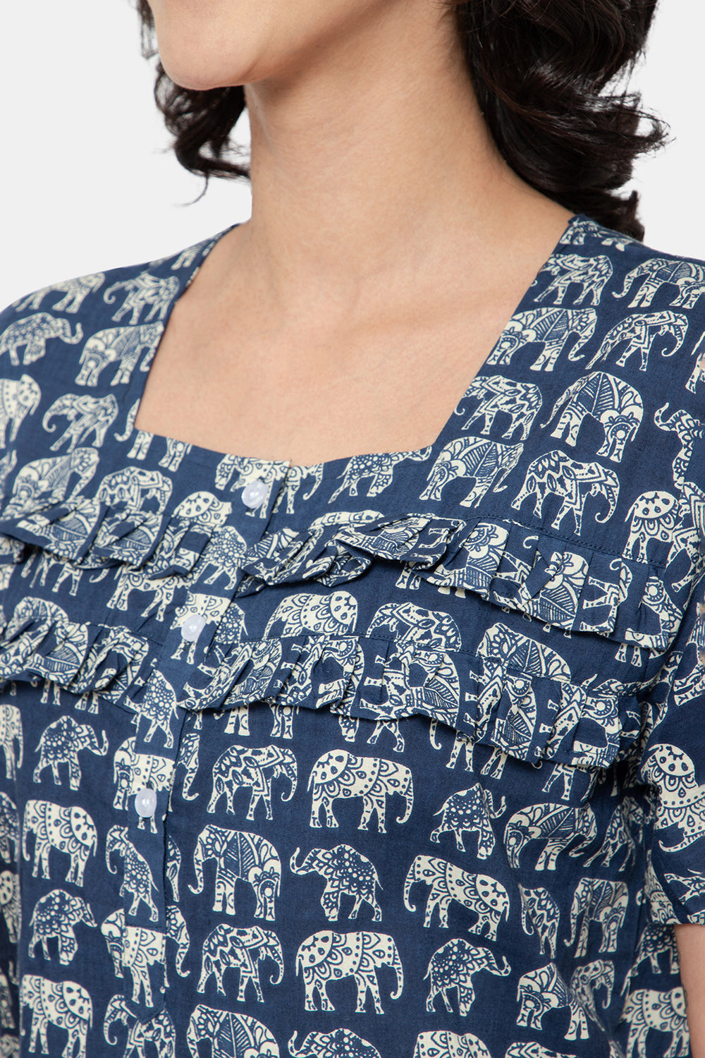 Naidu Hall  Women's Printed A-Line Nighty with Square Neck and Ruffle Detailing - Dark Blue - N104