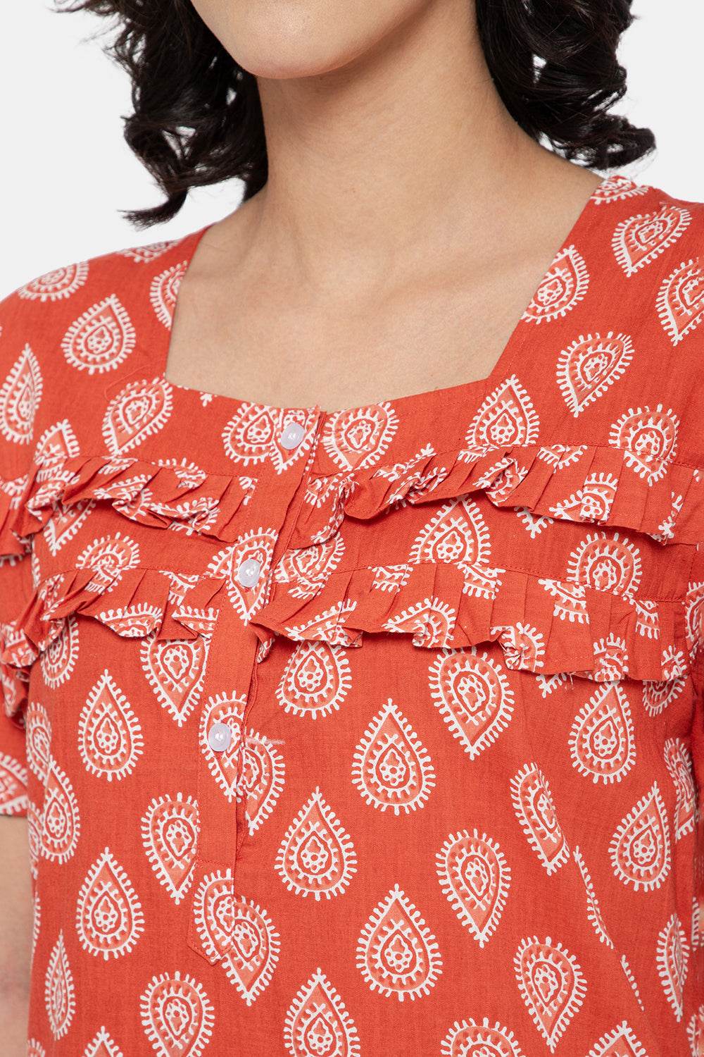Naidu Hall Women's Printed A-Line Nighty with Square Neck and Ruffle Detailing - Red - N102 - Naidu Hall Family Store