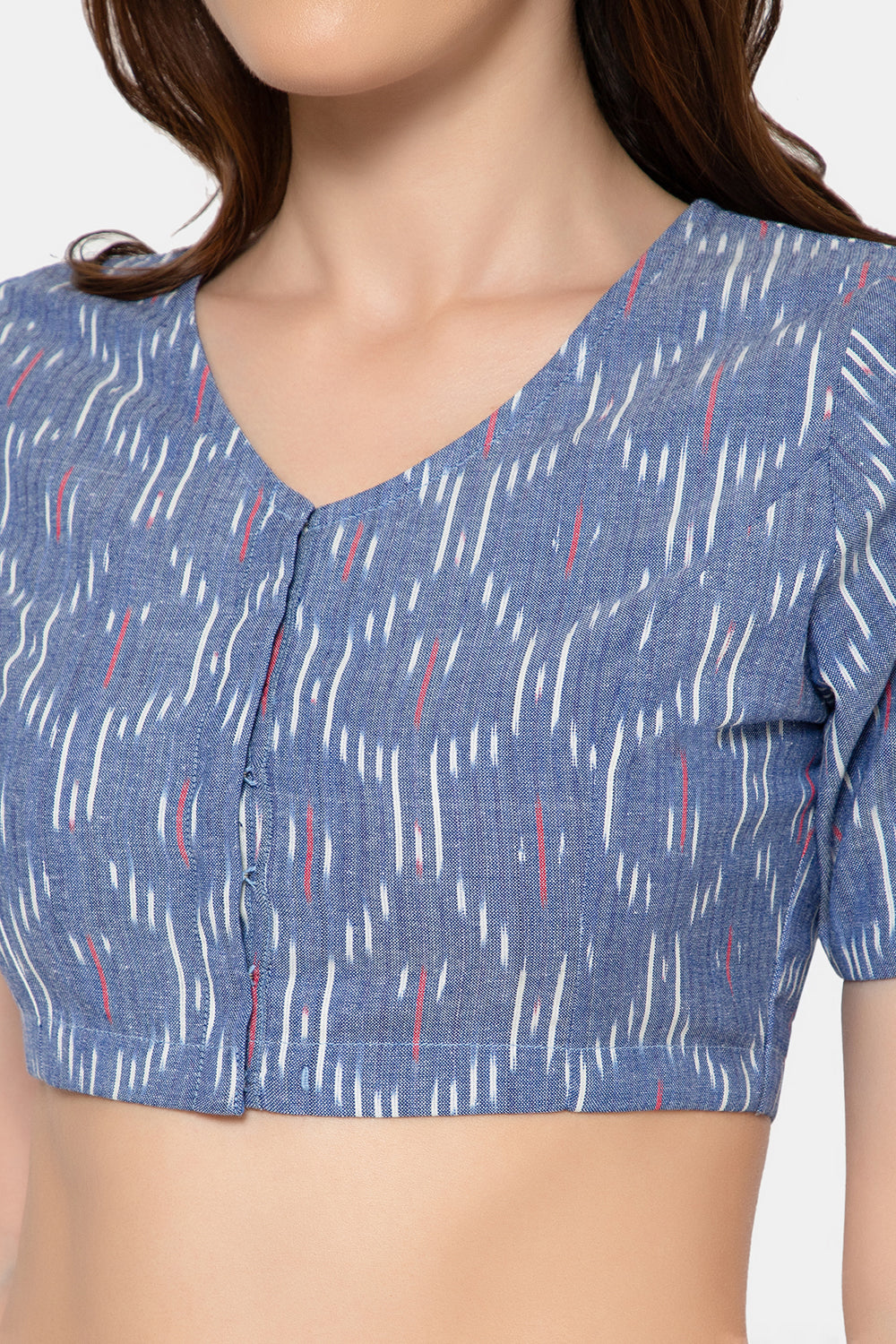 Naidu Hall Women’s Designer Cotton Ikat Blouse V-Neck Front Open with Elbow Sleeves - Navy Blue - BU16