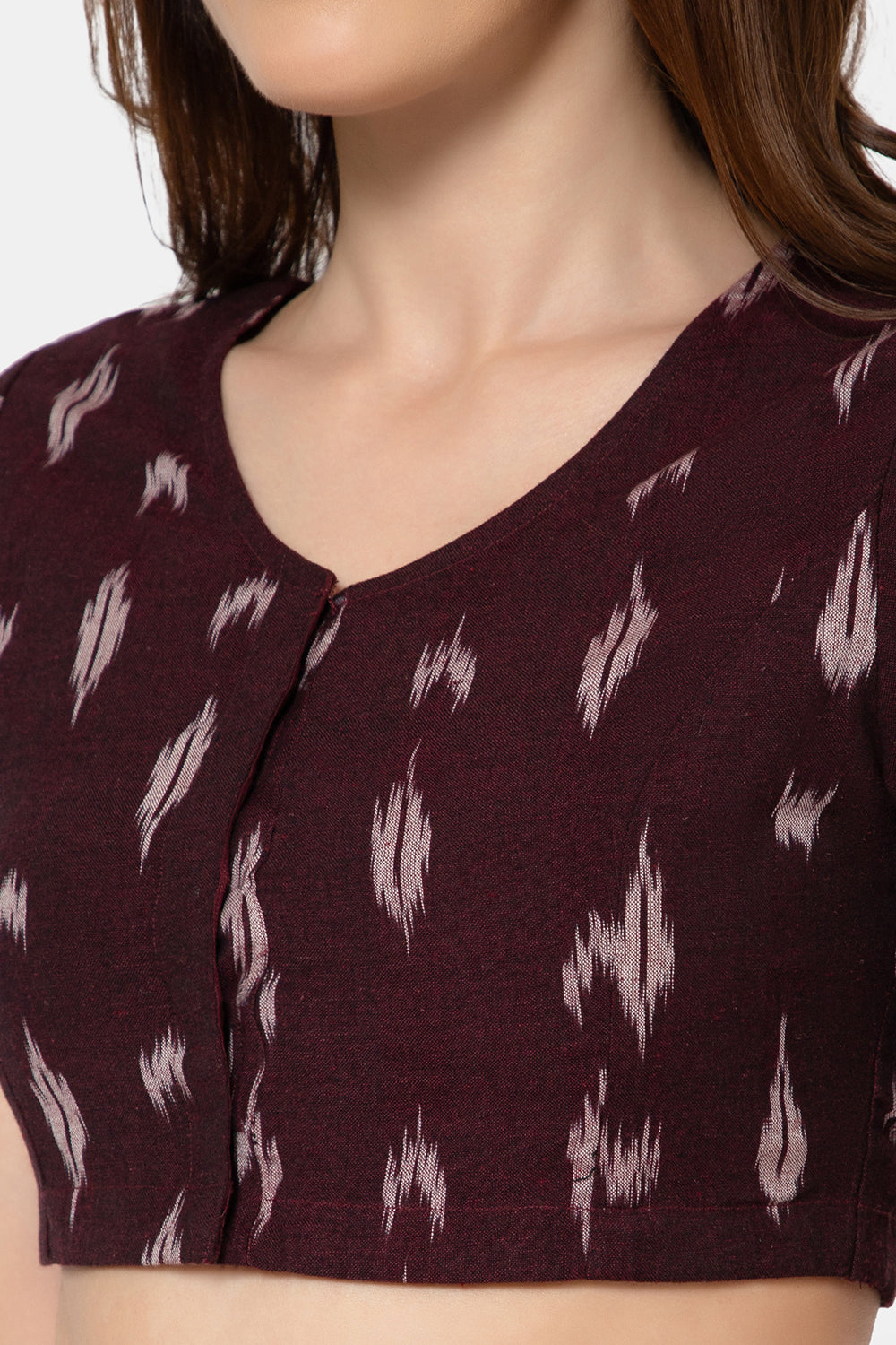 Naidu Hall Women’s Designer Cotton Ikat Blouse V-Neck Front Open with Elbow Sleeves - Wine - BU16