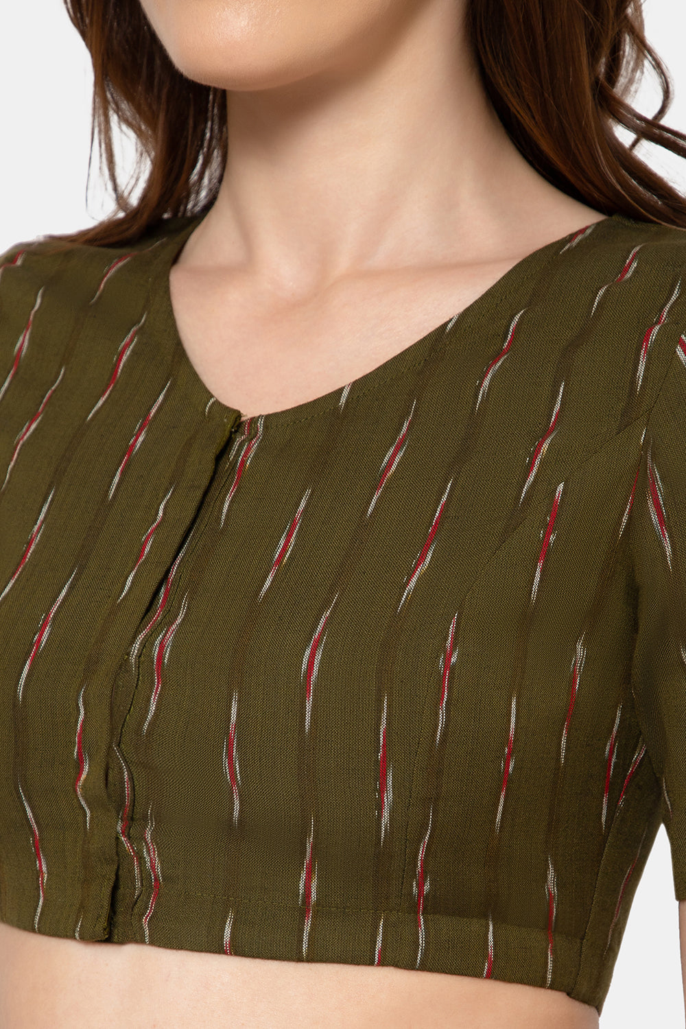 Naidu Hall Women’s Designer Cotton Ikat Blouse V-Neck Front Open with Elbow Sleeves - Olive - BU16
