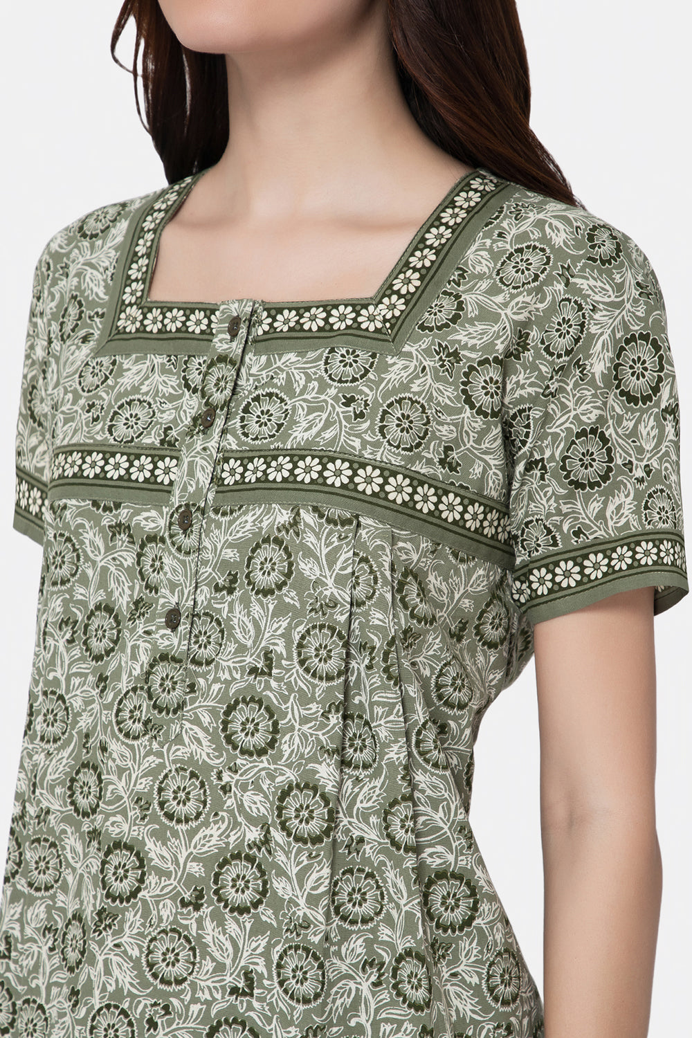 Naidu Hall Square Neck Half Sleeve Front Button Open Nighty - Green - NT09