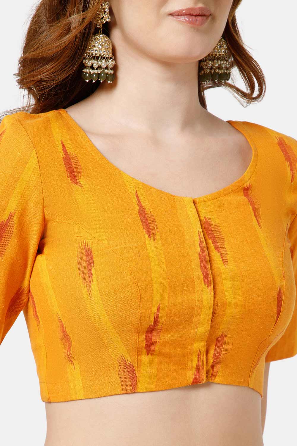 Naidu Hall Women’s Cotton Blouse | Woven U-Neck Ethnic Blouse with Elbow Sleeves & Front Closure - Orange - BU17