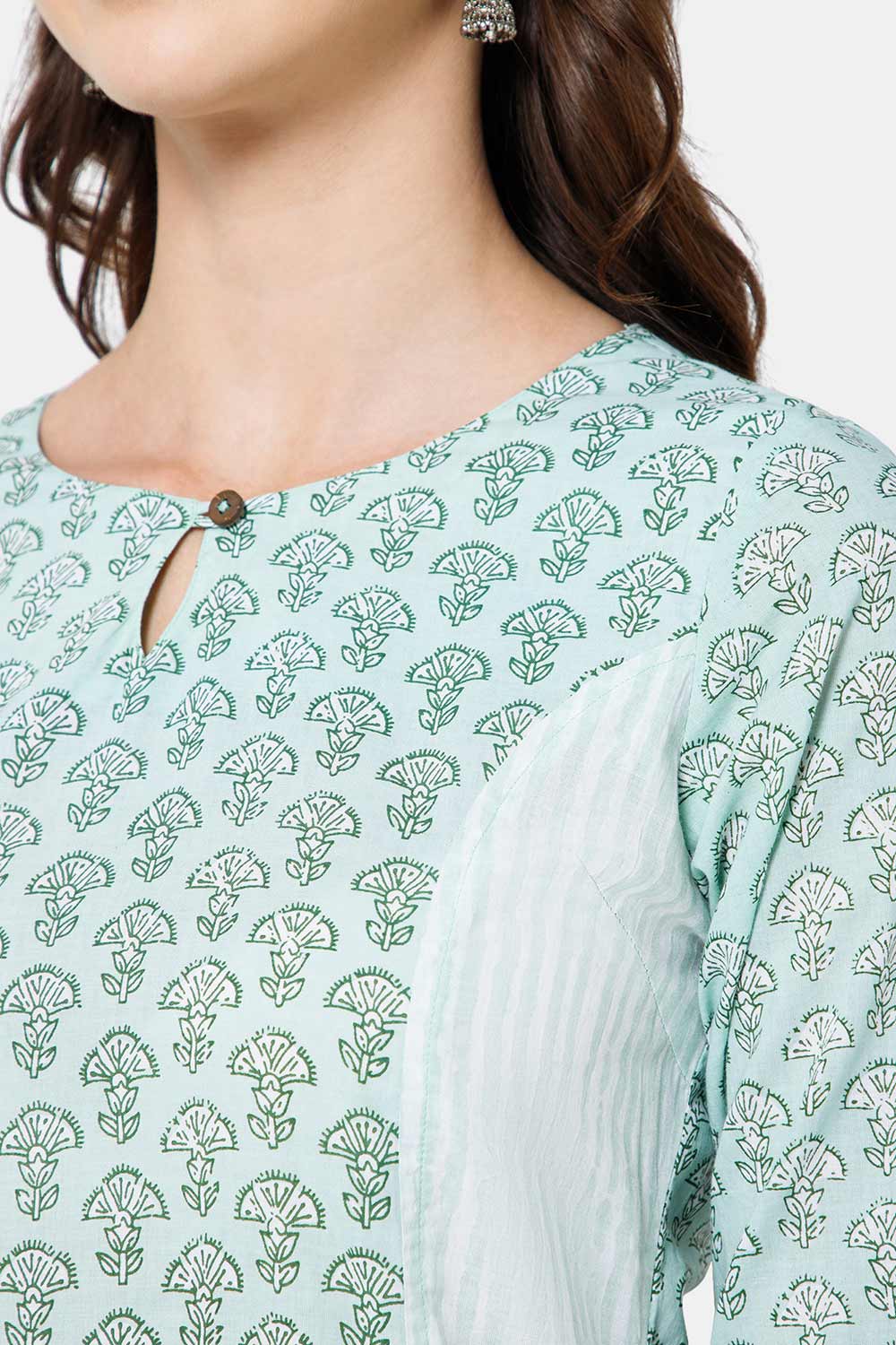 Mythri Women's Ethnic Wear Round Neck With Keyhole Opening in 3/4 sleeve with sleeve tab - Green - KU60
