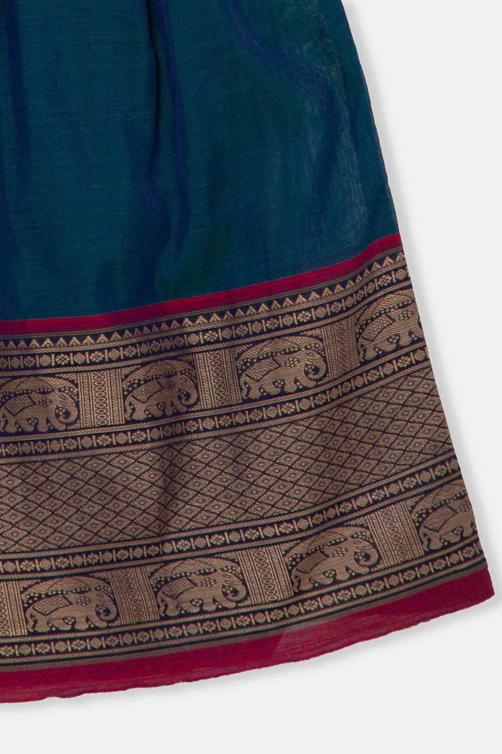 Chittythalli Girls Ethnic Pavadai Set – Hand Embroidered Fish Blouse with Box Pleated Skirt & Tassels - Blue - PS86