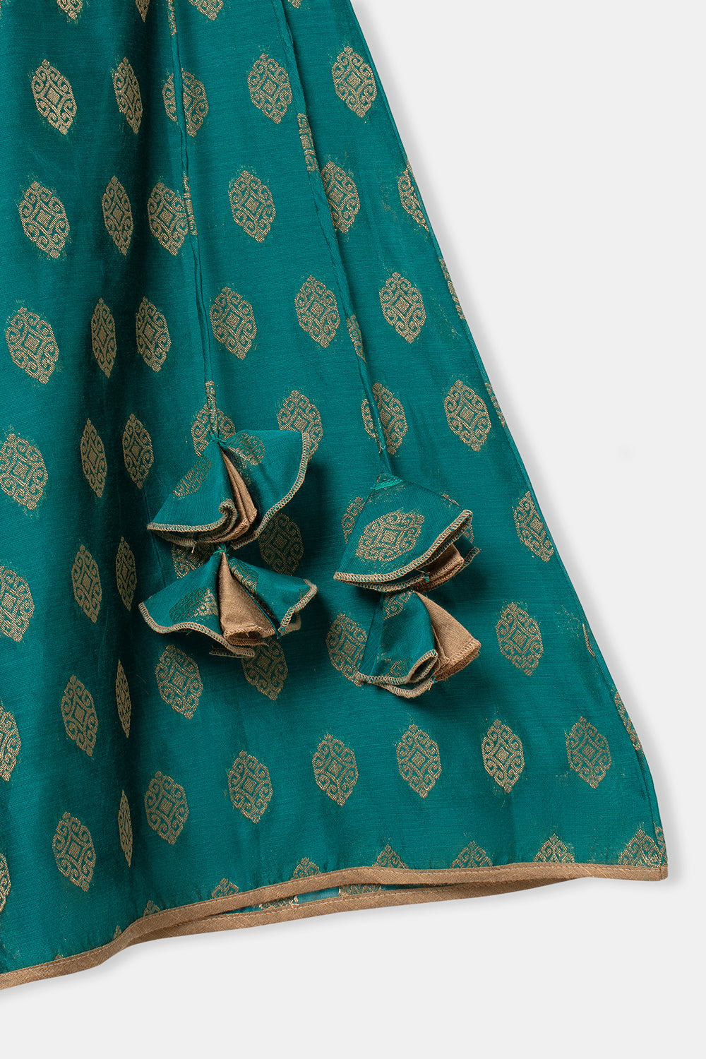 Chittythalli Girls Pavadai Set with Two-Layer Ruffle Top & Tassel-Detail Kali Skirt - Teal Green - PS79