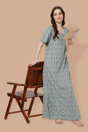 Naidu Hall Printed  Nighty with Square Round Neck - Grey - NT36