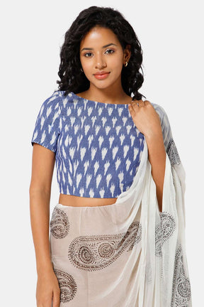Naiduhall Princess Cut Boat Neck Short Sleeve Ikat Blouse - Blue - BU08