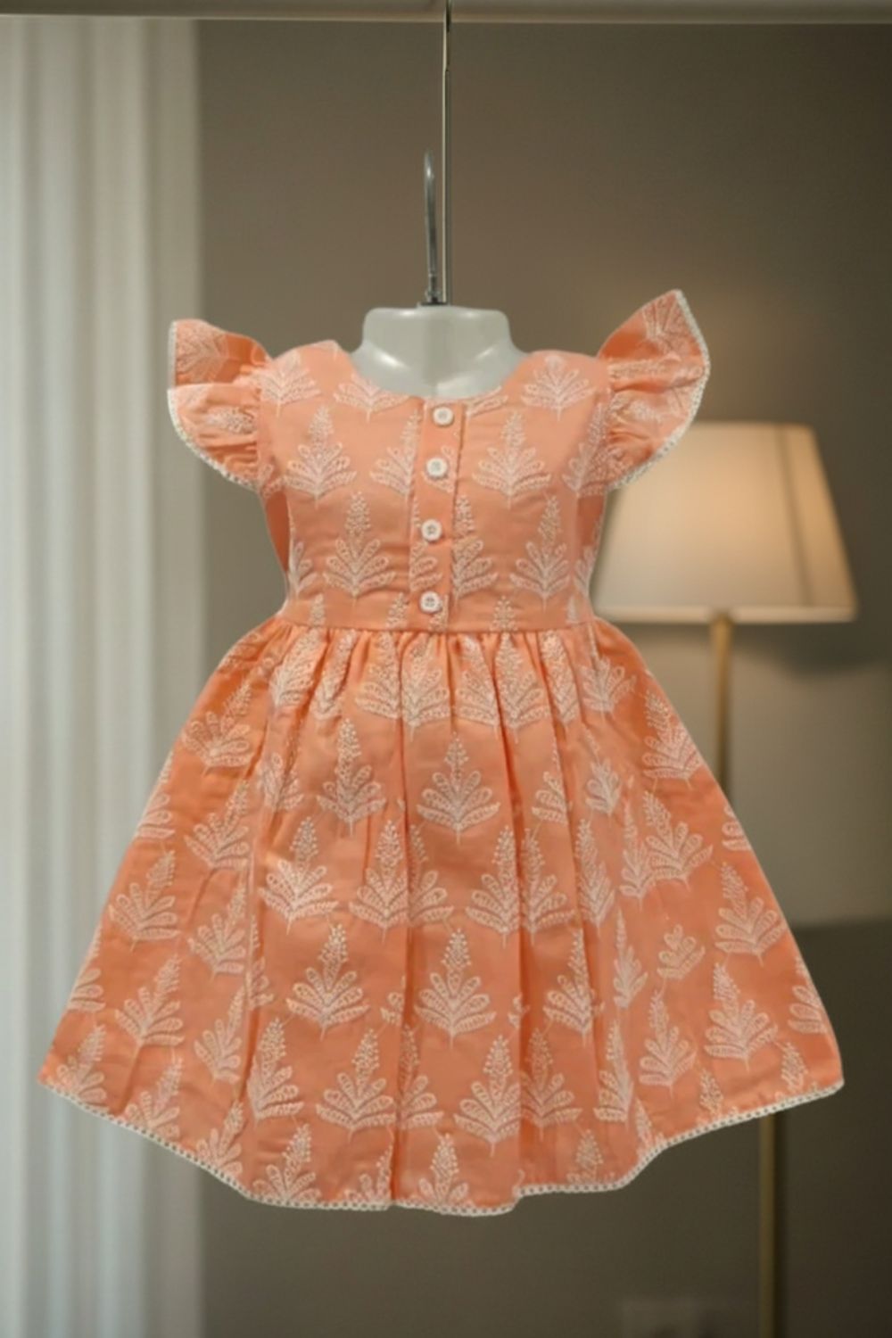 Girls Embroidered Cotton-Blend Dress | Round Neck Knee-Length Daily Wear Frock with Cap Sleeves - B648