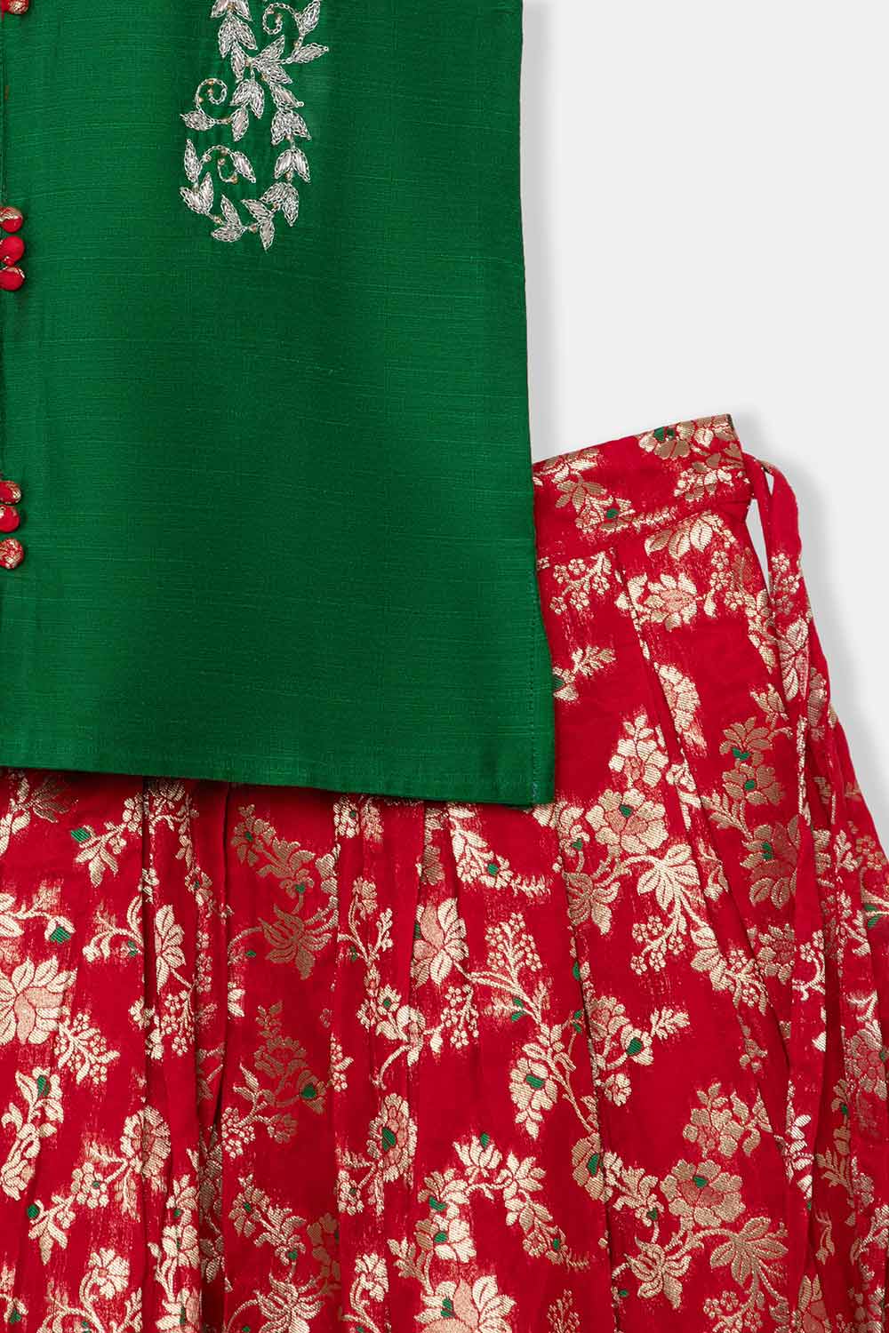 Chittythalli Girls Pavadai Set – Cotton Blouse with Brocade Collar & Zari Embroidery, Box Pleated Skirt - Green  - PS80
