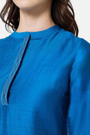 Mythri Women's Ethnic Wear Mandarin collar 3/4 sleeve straight cut Kurti - Blue - KU43