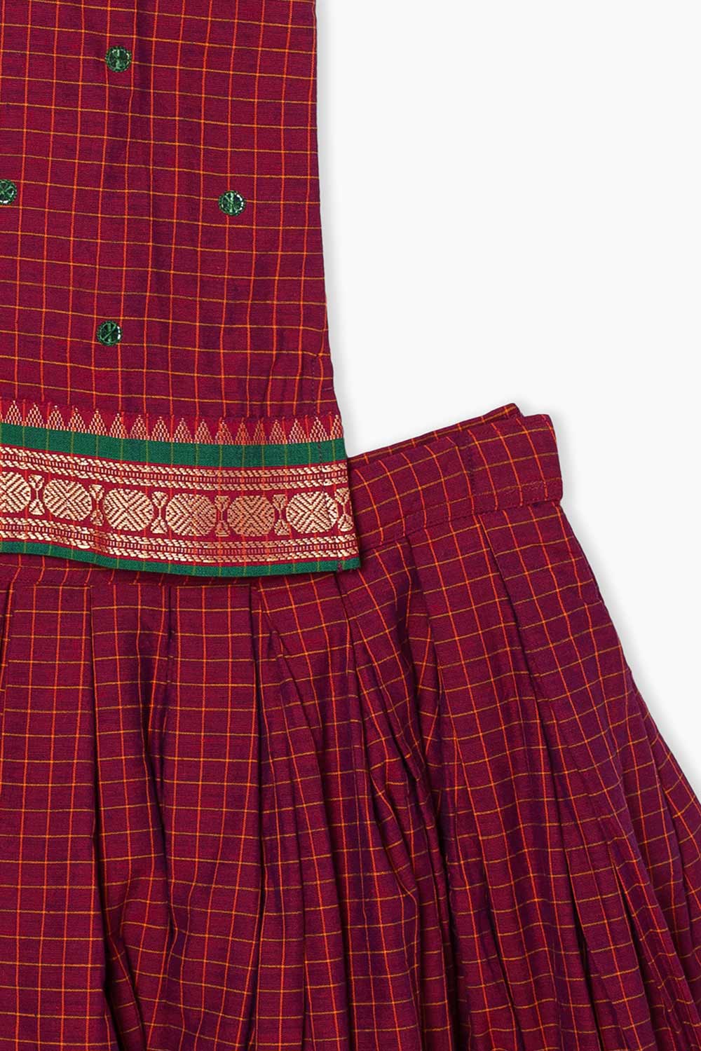 Chittythalli Girls Pavadai Set Cotton Ethnic Wear Mirror Work Puff Sleeve Top with Box Pleated Skirt- Maroon - PS88
